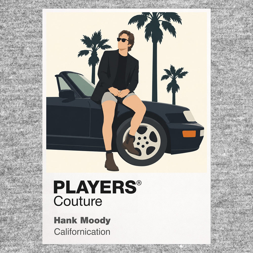 Hank Moody Hank Moody in black shirt and sunglasses beside his Porsche in Los Angeles Icon Frame artwork in grey