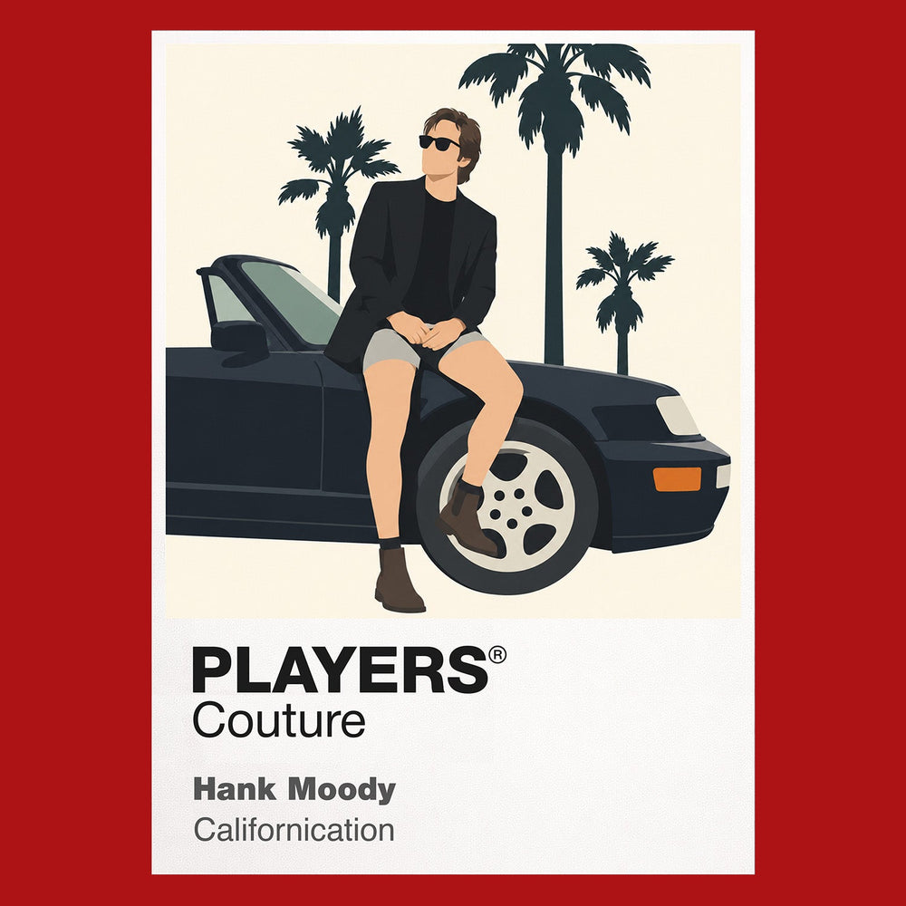 Hank Moody Hank Moody in black shirt and sunglasses beside his Porsche in Los Angeles Icon Frame artwork in red