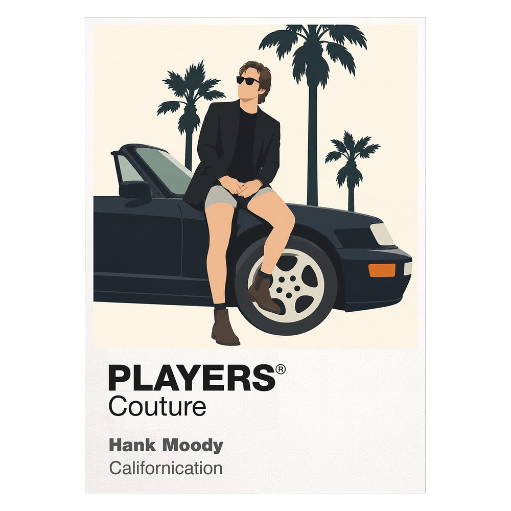 Hank Moody Hank Moody in black shirt and sunglasses beside his Porsche in Los Angeles Icon Frame artwork on white