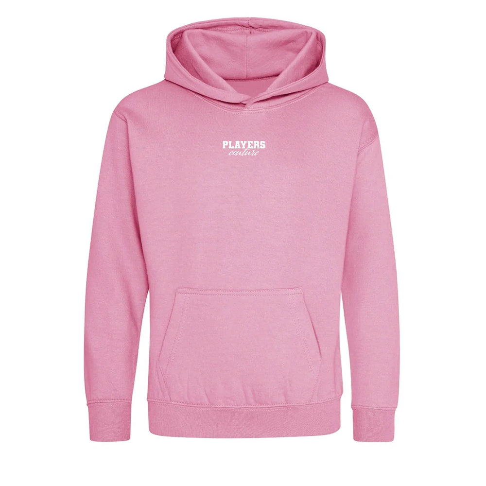 Essentials Collection hoodie – pink kids' hoodie with black Essentials Collection letters and Players Couture logo on the