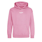 Essentials Collection hoodie – pink kids' hoodie with black Essentials Collection letters and Players Couture logo on the