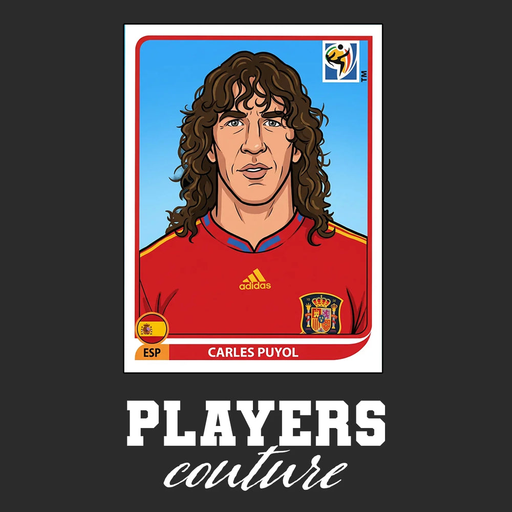 Carles Puyol World Cup Sticker Men's T-Shirt – black close-up detail shot of the Carles Puyol World Cup Players Couture logo