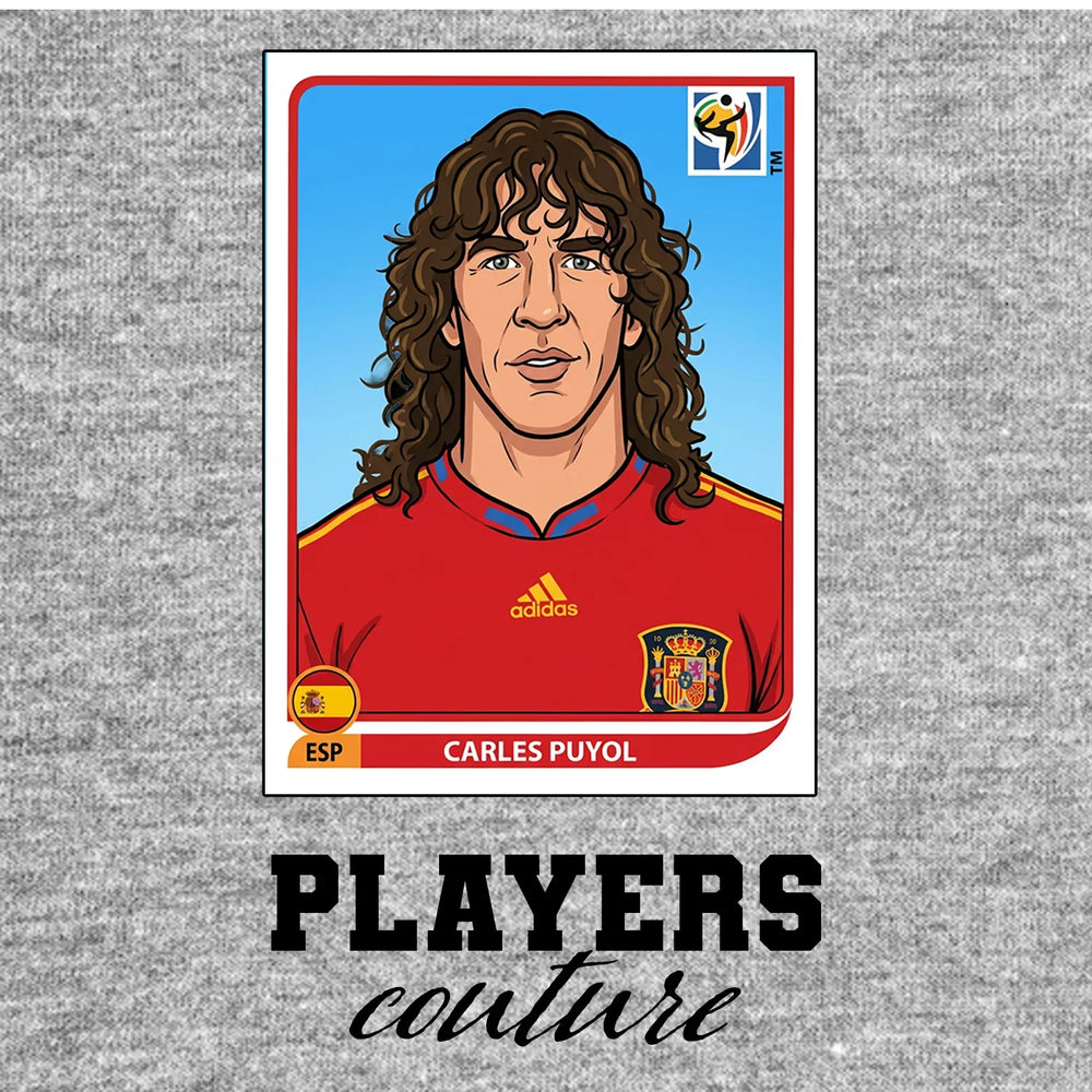 Carles Puyol World Cup Sticker Men's T-Shirt – grey close-up detail shot of the Carles Puyol World Cup Players Couture logo