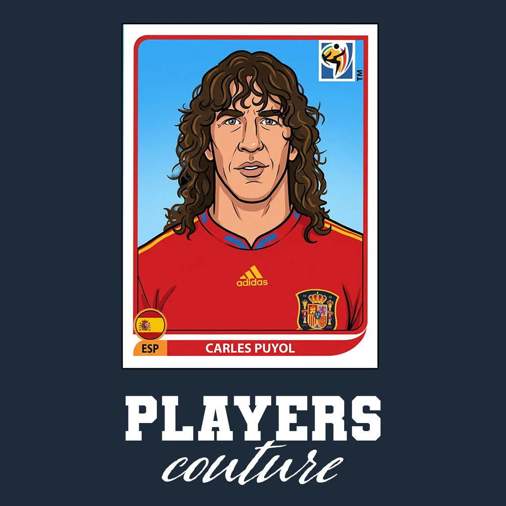 Carles Puyol World Cup Sticker Men's T-Shirt – navy close-up detail shot of the Carles Puyol World Cup Players Couture logo