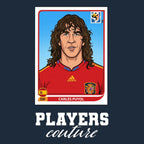 Carles Puyol World Cup Sticker Men's T-Shirt – navy close-up detail shot of the Carles Puyol World Cup Players Couture logo