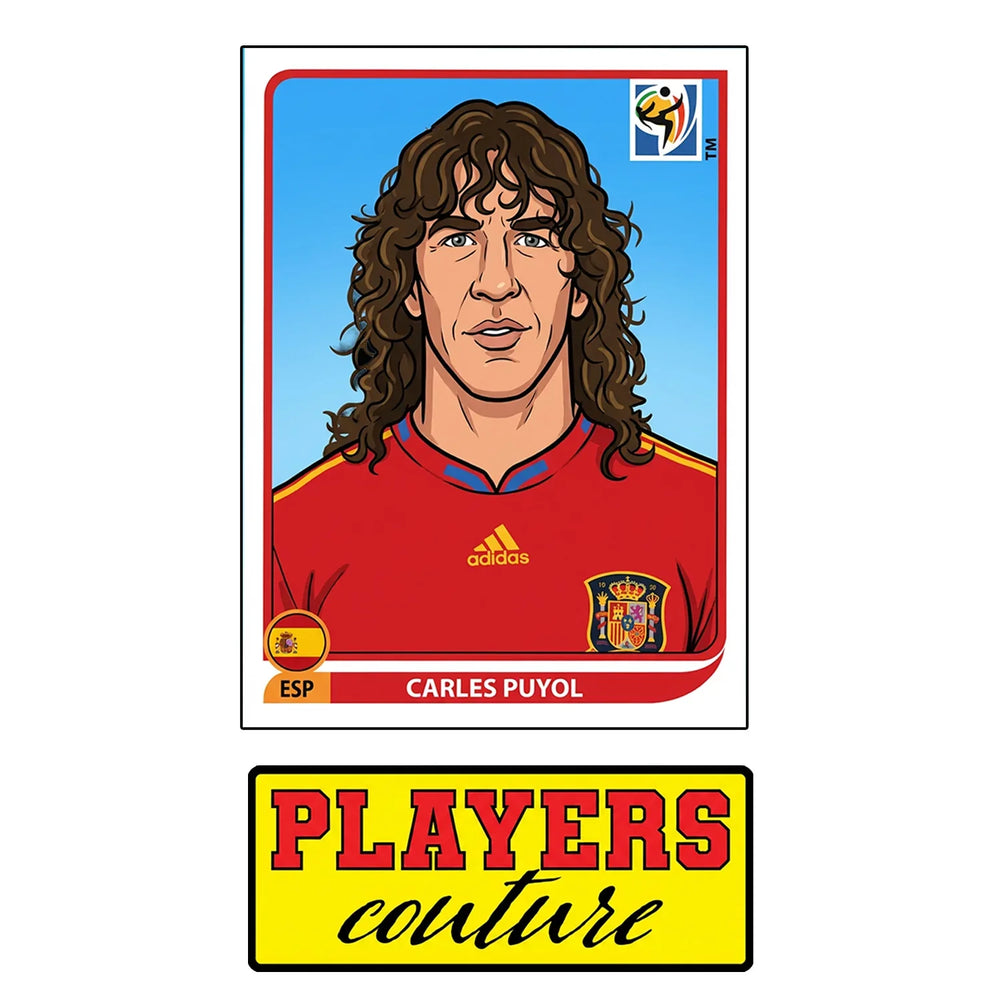 Carles Puyol World Cup Sticker Men's T-Shirt – close-up detail shot of the Carles Puyol World Cup Players Couture logo design