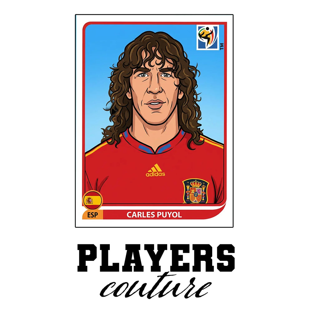 Carles Puyol World Cup Sticker Men's T-Shirt – white close-up detail shot of the Carles Puyol Players Couture logo design