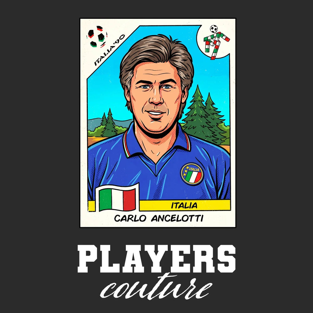 Carlo Ancelotti World Cup Sticker Men's T-Shirt – black close-up detail shot of the Carlo Ancelotti World Cup Players