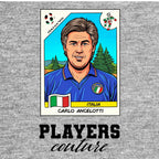 Carlo Ancelotti World Cup Sticker Men's T-Shirt – grey close-up detail shot of the Carlo Ancelotti World Cup Players Couture