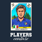 Carlo Ancelotti World Cup Sticker Men's T-Shirt – navy close-up detail shot of the Carlo Ancelotti World Cup Players Couture