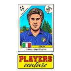 Carlo Ancelotti World Cup Sticker Men's T-Shirt – close-up detail shot of the Carlo Ancelotti World Cup Players Couture logo