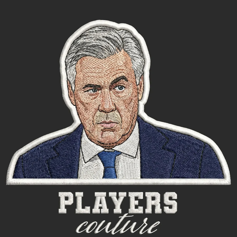 Carlo Ancelotti Badge Men's T-Shirt – black close-up detail shot of the Carlo Ancelotti Players Couture logo design