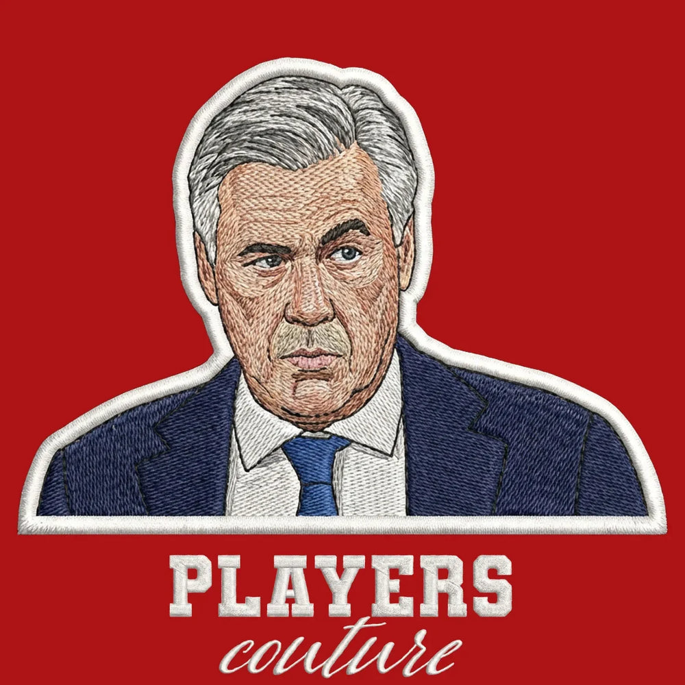 Carlo Ancelotti Badge Men's T-Shirt – red close-up detail shot of the Carlo Ancelotti Players Couture logo design