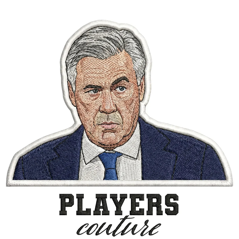 Carlo Ancelotti Badge Men's T-Shirt – white close-up detail shot of the Carlo Ancelotti Players Couture logo design