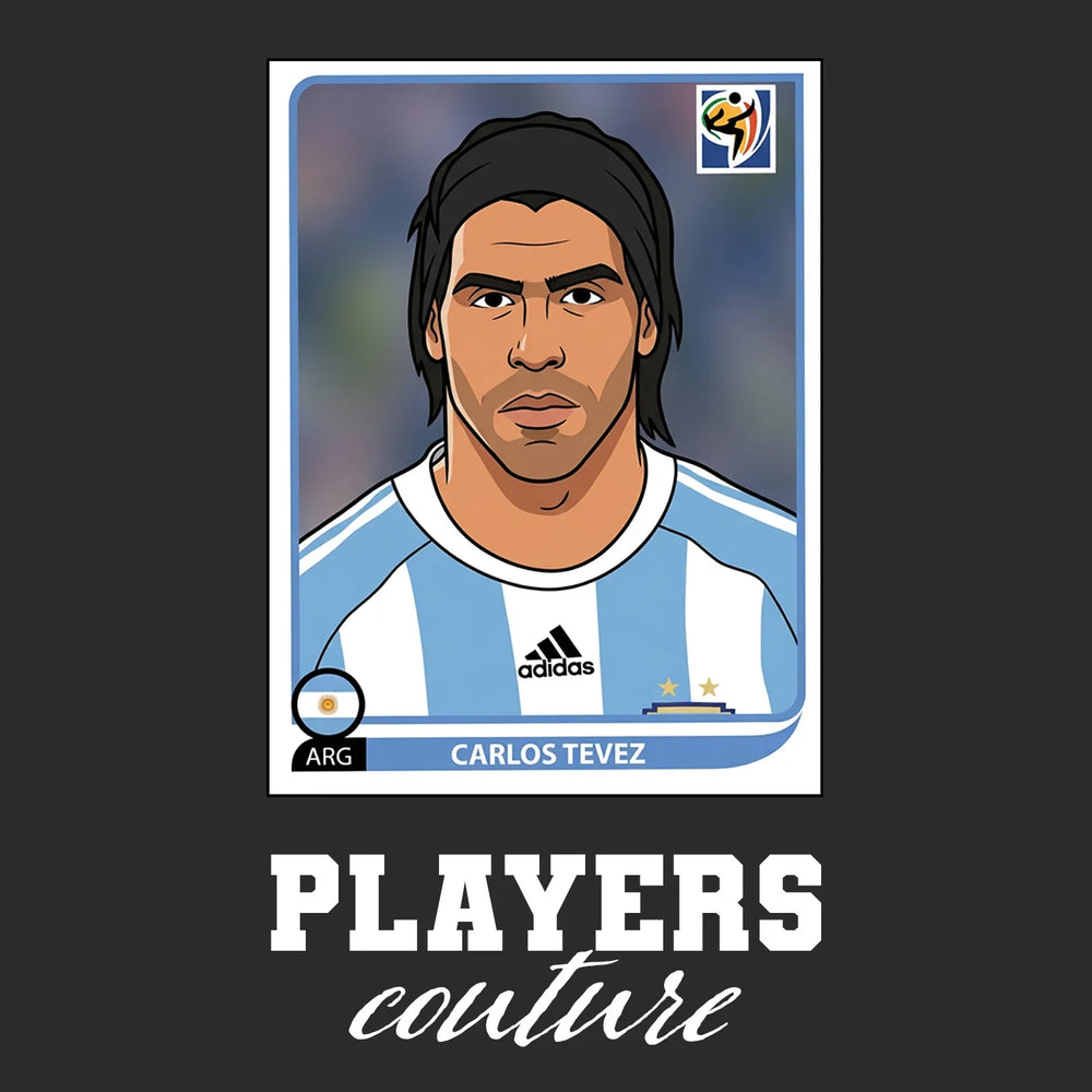 Carlos Tevez World Cup Sticker Men's T-Shirt – black close-up detail shot of the Carlos Tevez World Cup Players Couture logo