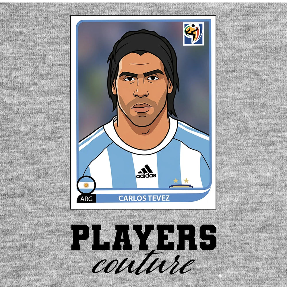 Carlos Tevez World Cup Sticker Men's T-Shirt – grey close-up detail shot of the Carlos Tevez World Cup Players Couture logo
