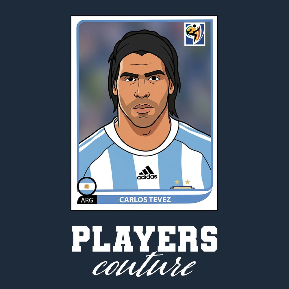 Carlos Tevez World Cup Sticker Men's T-Shirt – navy close-up detail shot of the Carlos Tevez World Cup Players Couture logo
