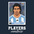 Carlos Tevez World Cup Sticker Men's T-Shirt – navy close-up detail shot of the Carlos Tevez World Cup Players Couture logo