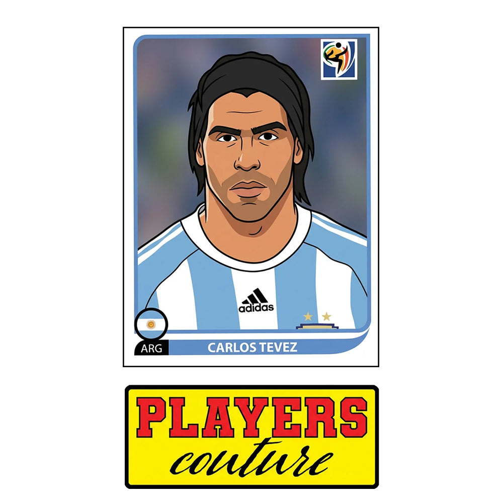 Carlos Tevez World Cup Sticker Men's T-Shirt – close-up detail shot of the Carlos Tevez World Cup Players Couture logo design