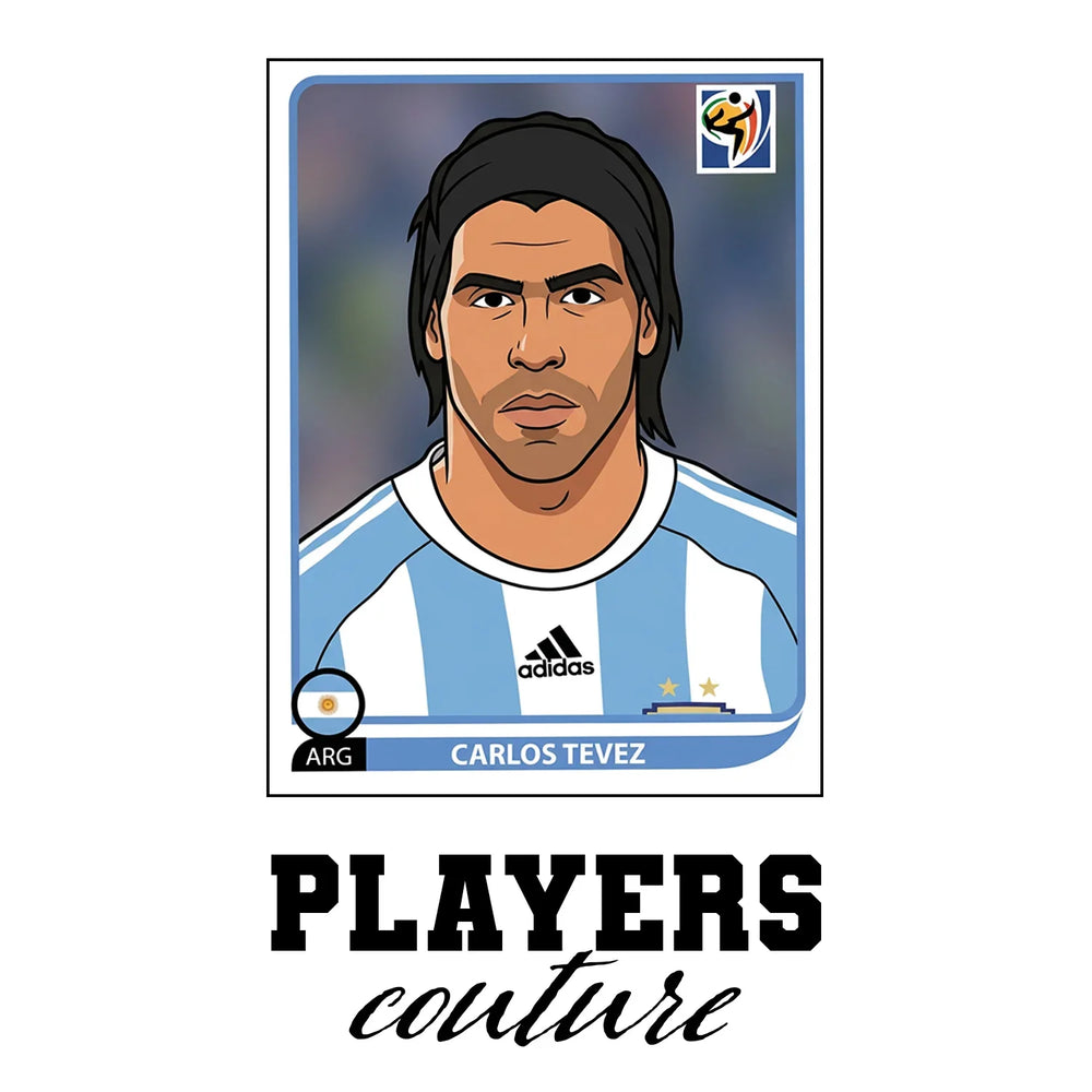 Carlos Tevez World Cup Sticker Men's T-Shirt – white close-up detail shot of the Carlos Tevez Players Couture logo design