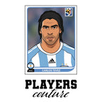 Carlos Tevez World Cup Sticker Men's T-Shirt – white close-up detail shot of the Carlos Tevez Players Couture logo design