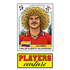 Carlos Valderrama World Cup Sticker Men's T-Shirt – close-up detail shot of the Carlos Valderrama World Cup Players Couture