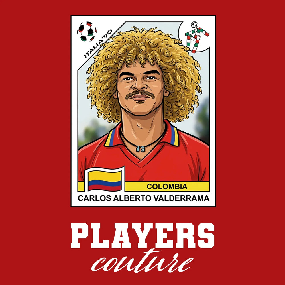 Carlos Valderrama World Cup Sticker Men's T-Shirt – red close-up detail shot of the Carlos Valderrama World Cup Players