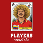 Carlos Valderrama World Cup Sticker Men's T-Shirt – red close-up detail shot of the Carlos Valderrama World Cup Players