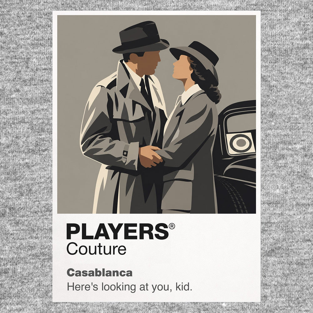 Casablanca Rick Blaine and Ilsa Lund beneath the monochrome light of wartime Casablanca Icon Frame artwork in grey