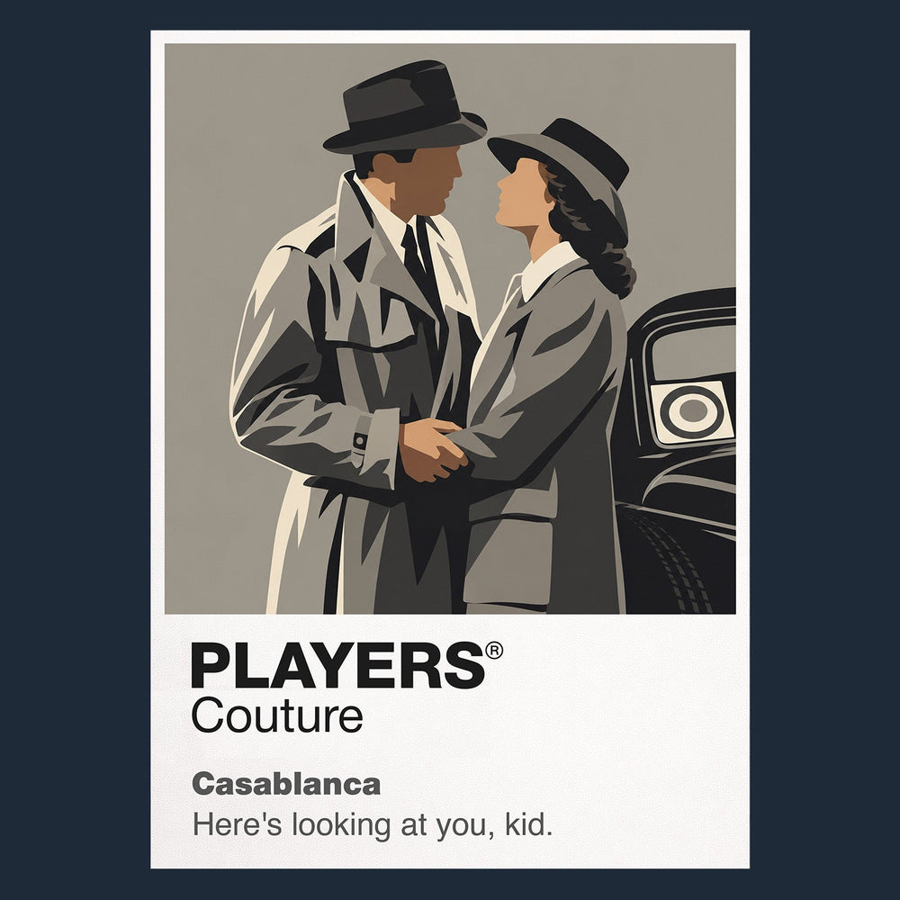 Casablanca Rick Blaine and Ilsa Lund beneath the monochrome light of wartime Casablanca Icon Frame artwork in navy