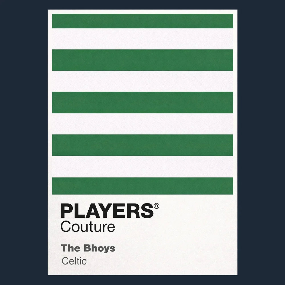 Celtic Classic Football Shirt Colours Frame Men's T-Shirt – navy close-up detail shot of the Celtic Players Couture logo