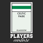 Glasgow Celtic Monopoly Card t-shirt – black men's t-shirt with white Glasgow Celtic Monopoly Card letters and Players