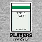 Glasgow Celtic Monopoly Card t-shirt – grey men's t-shirt with black Glasgow Celtic Monopoly Card letters and Players