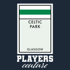 Glasgow Celtic Monopoly Card t-shirt – navy men's t-shirt with white Glasgow Celtic Monopoly Card letters and Players