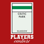 Glasgow Celtic Monopoly Card t-shirt – red men's t-shirt with white Glasgow Celtic Monopoly Card letters and Players Couture