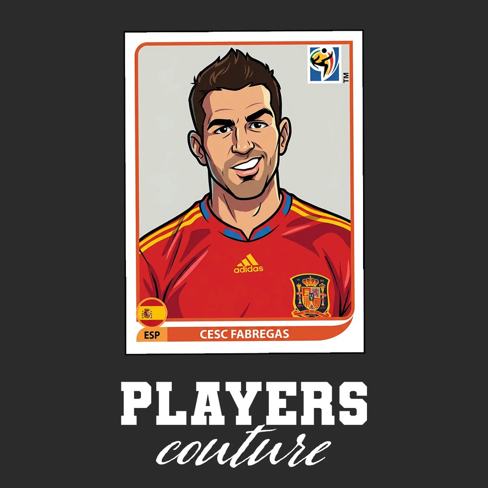 Cesc Fabregas World Cup Sticker Men's T-Shirt – black close-up detail shot of the Cesc Fabregas World Cup Players Couture