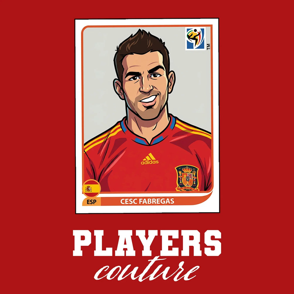 Cesc Fabregas World Cup Sticker Men's T-Shirt – red close-up detail shot of the Cesc Fabregas World Cup Players Couture logo