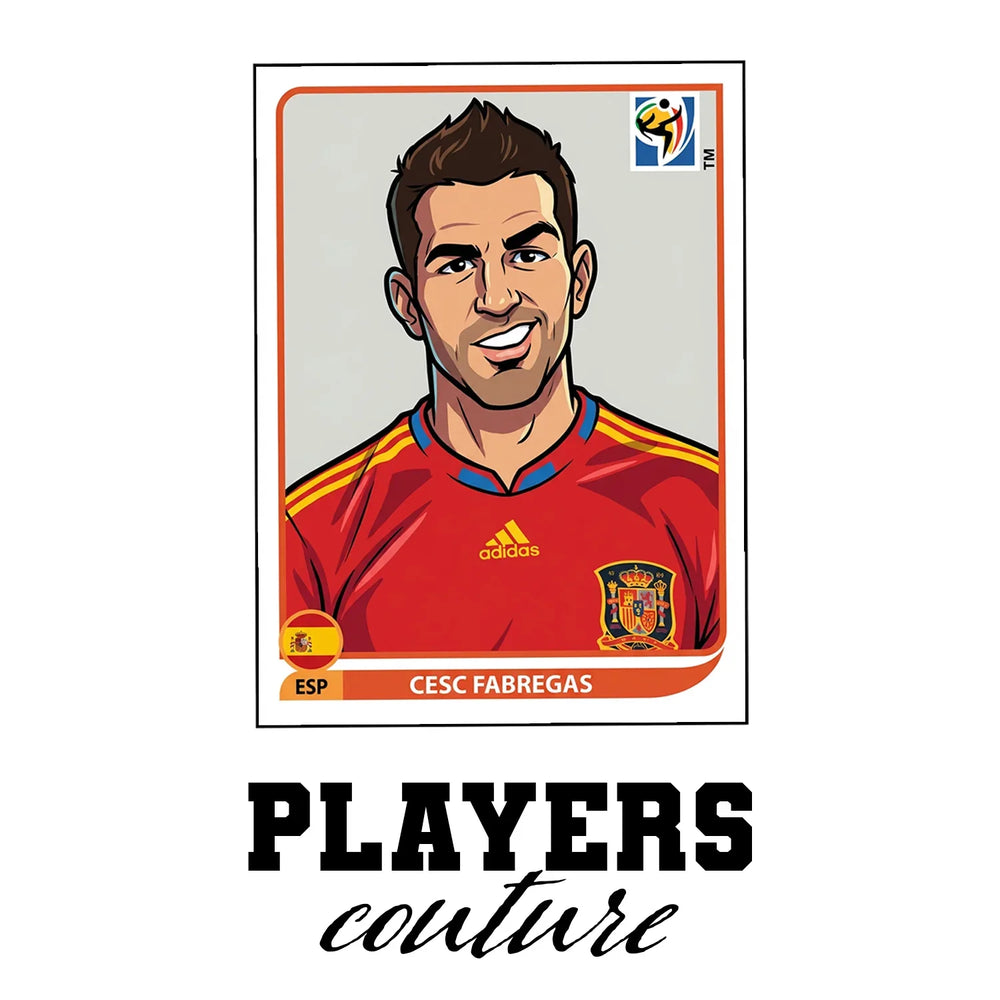 Cesc Fabregas World Cup Sticker Men's T-Shirt – white close-up detail shot of the Cesc Fabregas Players Couture logo design