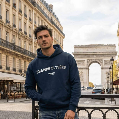 Champs Élysées hoodie – navy men's hoodie with white Champs Élysées letters and Players Couture logo on the chest