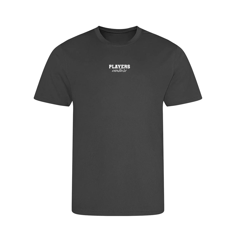 Essentials Collection t-shirt – charcoal kids' t-shirt with white Essentials Collection letters and Players Couture logo on