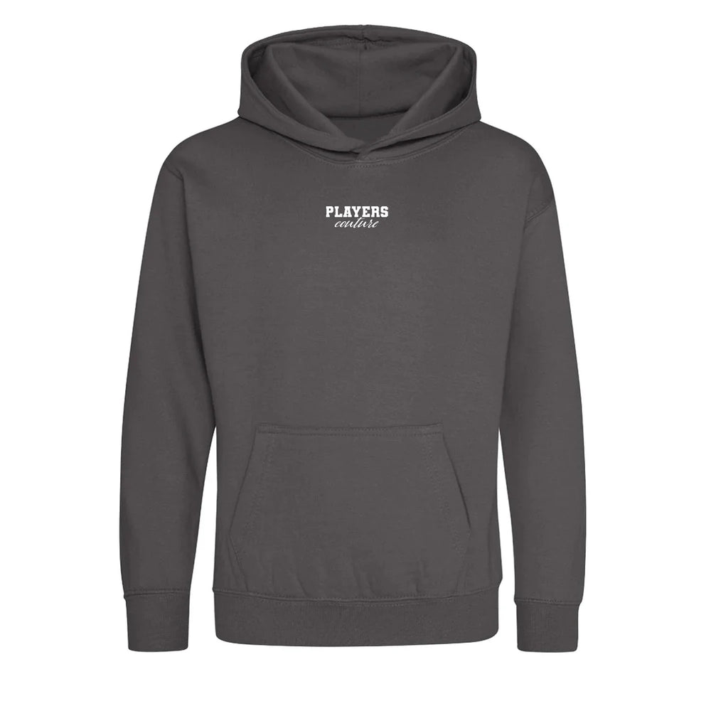 Essentials Collection hoodie – charcoal kids' hoodie with white Essentials Collection letters and Players Couture logo on