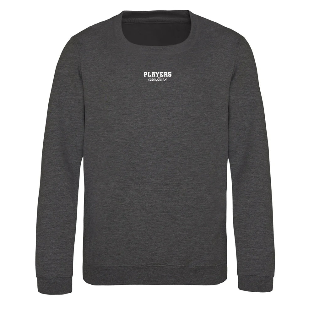 Essentials Collection hoodie – charcoal kids' hoodie with white Essentials Collection letters and Players Couture logo on
