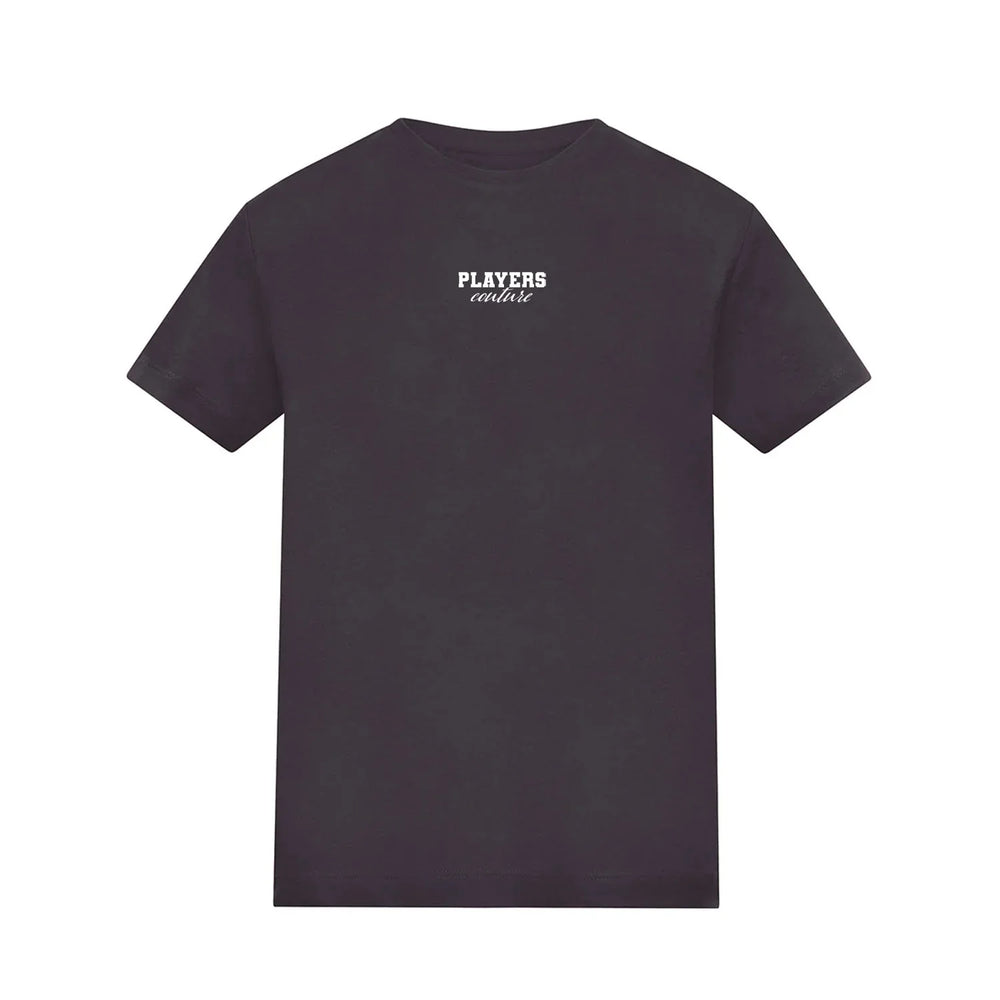 Essentials Collection t-shirt – charcoal kids' t-shirt with white Essentials Collection letters and Players Couture logo on