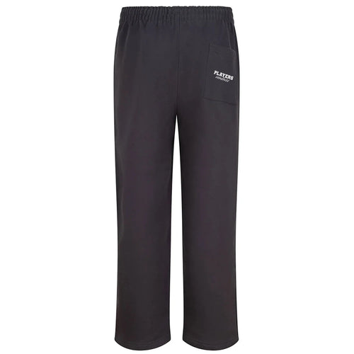 Essentials Collection Men's Premium Heavyweight Charcoal Grey Joggers Back Logo – charcoal close-up detail shot of the