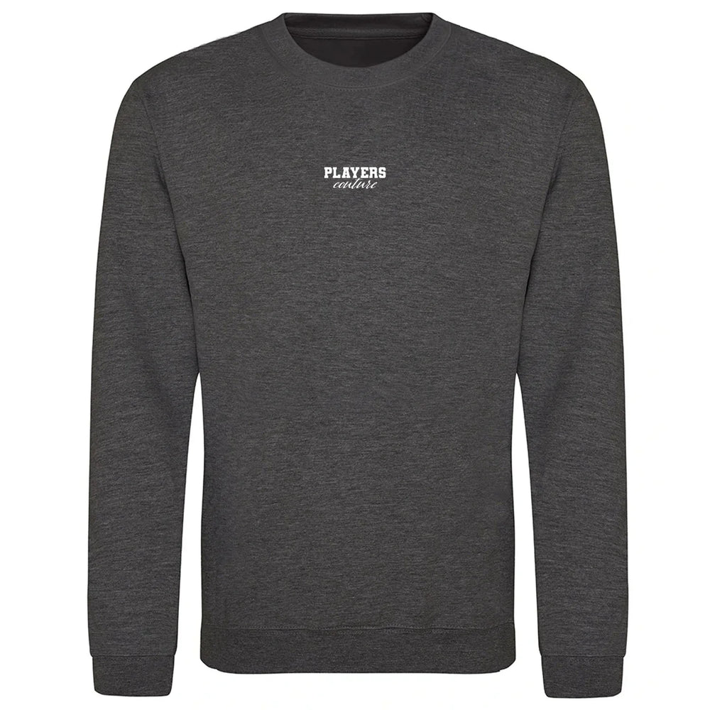 Essentials Collection hoodie – charcoal men's hoodie with white Essentials Collection letters and Players Couture logo on