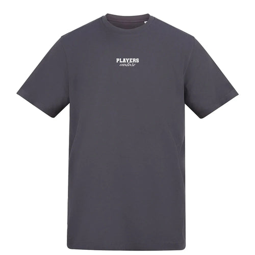 Essentials Collection t-shirt – charcoal men's t-shirt with white Essentials Collection letters and Players Couture logo on