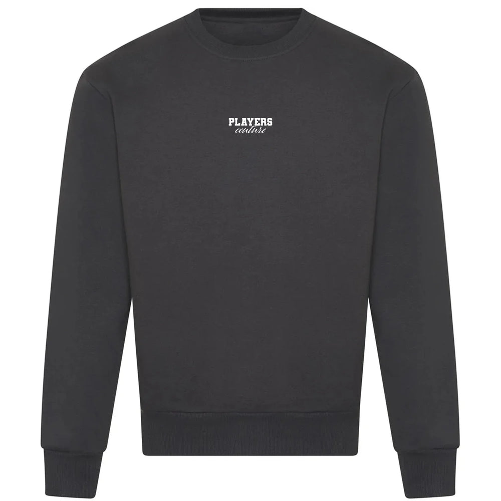 Essentials Collection hoodie – charcoal men's hoodie with white Essentials Collection letters and Players Couture logo on