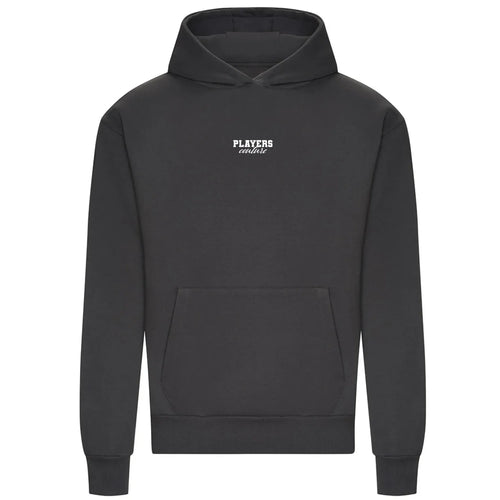 Essentials Collection hoodie – charcoal men's hoodie with white Essentials Collection letters and Players Couture logo on
