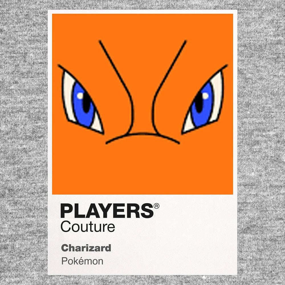 Charizard Colour Frame Men's T-Shirt – grey close-up detail shot of the Charizard Colour Players Couture logo design