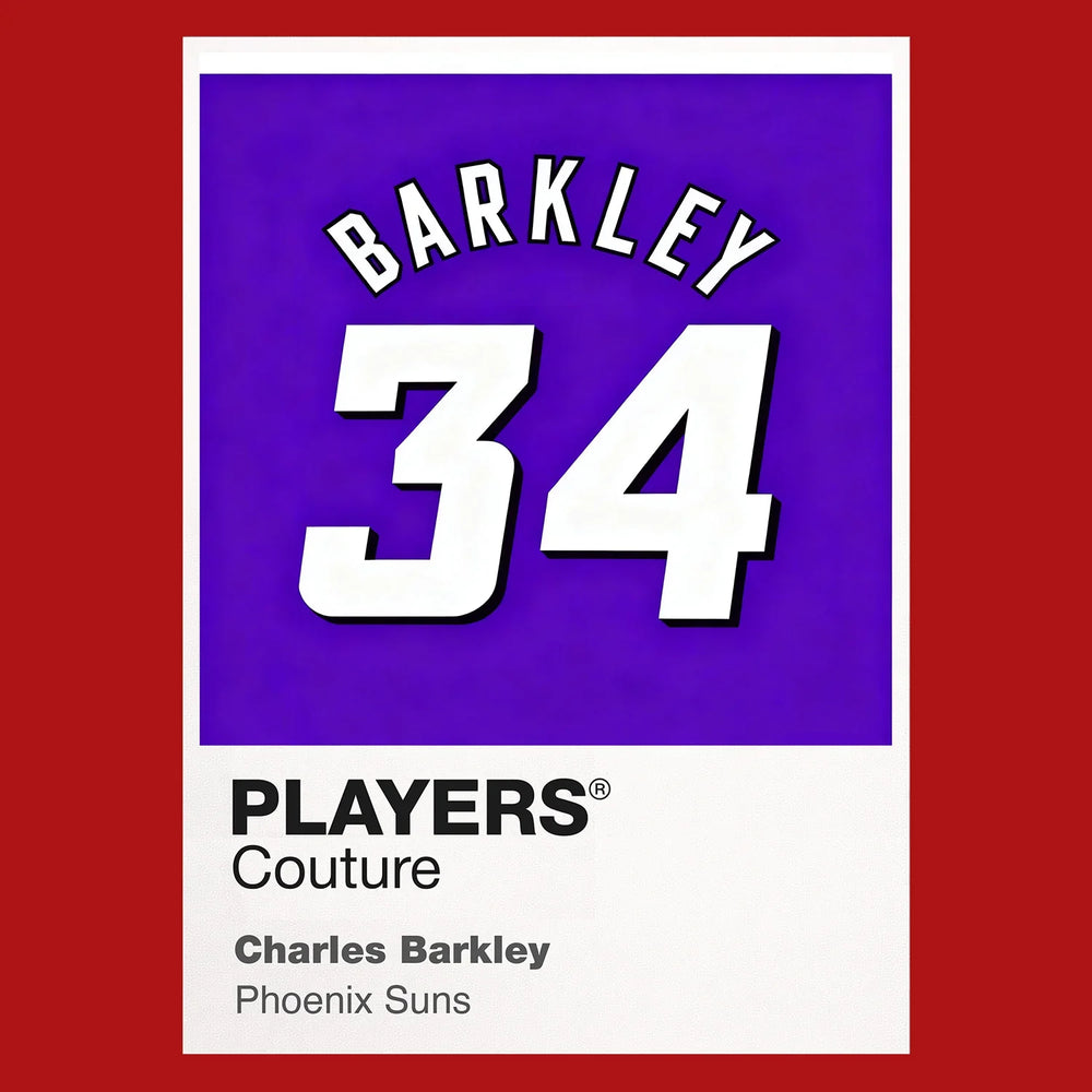 Charles Barkley 34 Jersey Frame Men's T-Shirt – red close-up detail shot of the Charles Barkley 34 Players Couture logo
